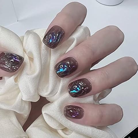 Press on Nails Short French False Nails Full Cover Glossy Light Black Fake Nails with Rhinestones Design Artificial Nails Reusable for Women and Girls Nail Art Decoration (24PCS) Cover