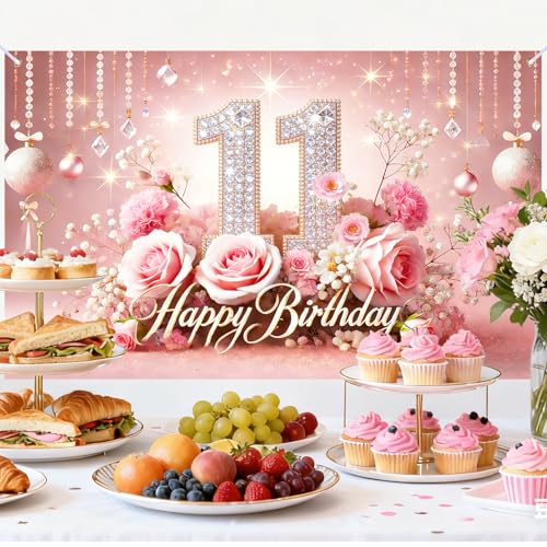 Image of Nuxovilar 11th Birthday Banner - Elegant Pink & Gold Floral Backdrop | with Glitter inch11 inch Sign, 71x43 Inch Large Party Decor for Women & Men, Reusable Indoor /Outdoor Hanging