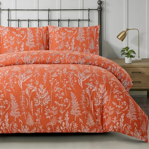 Image of Lekesky Floral Duvet Cover Queen Size, Burnt Orange Queen Duvet Cover Plant Flowers Pattern Bedding Set for All Season, Soft Breathable Duvet Cover with Zipper Closure & Corner Ties