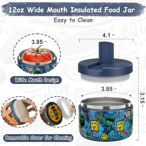 Image of Pawtong 12oz Insulated Vacuum Food Jar with Buckle Lid Wide Mouth Soup Thermo for Hot Food Kids Leakproof Stainless Steel Lunch Container (Blue-Monster)