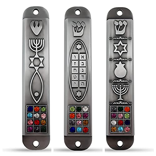Set of 3 Pewter Mezuzah Case with Scroll for Door 3D Menorah Star of David Ten Commandments 12 Tribes of Israel Messianic Seal Jewish Mezuzah Set Judaica Gift 10 cm / 4 inch