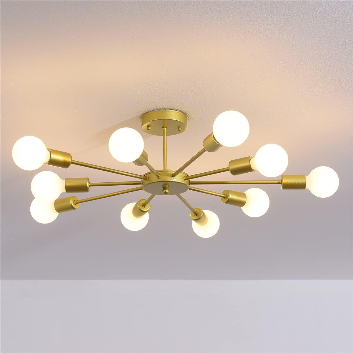 Modern Sputnik Chandelier Gold, Semi Flush Mount Ceiling Light Fixture, 10 Lights Vintage Industrial Style Ceiling Lighting for Living Room Bedroom Dining Room Study Farmhouse Kitchen