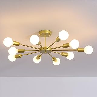 Jaycomey Modern Sputnik Chandelier Gold, Semi Flush Mount Ceiling Light Fixture, 10 Lights Vintage Industrial Style Ceiling Lighting for Living Room Bedroom Dining Room Study Farmhouse Kitchen