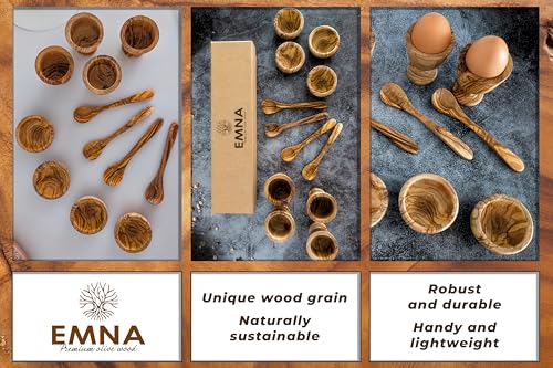 EMNA – Olivenholz Frühstücks-Set 12-teiliges, Geschenk-Box, 4 Eierbecher, 4 Schälchen, 4 Löffel, Handgefertigt, Geschenkidee, Ostern, Weihnachten, Geburtstag, Natur Holz Edel, Mama, Kinder Geschenke – Bild 8