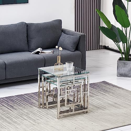 Keivvakn 3 Pieces Silver Nesting Tables Square Small Coffee Table Set Clear Tempered Glass Stainless Steel For Living Room thumb #3