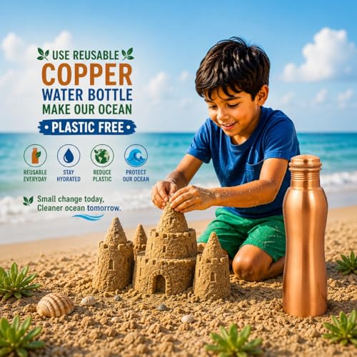 Image of Pure Copper Water Bottle - Handcrafted - Ayurveda health benefits - Large 750 ml - Leak proof, Easy to carry for Sports, Fitness, Yoga, School - Natural Copper Finish