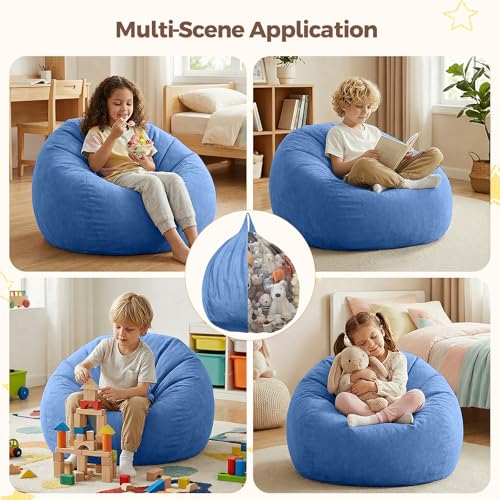 Image of Stuffed Animal Storage Bean Bag Chair Cover for Kids (No Filler), Soft Comfy Velvet Beanbag Chair Cover Machine Washable, Kids Bean Bag Chair with Handle for Living Room Bedroom Dorm,Dark Blue