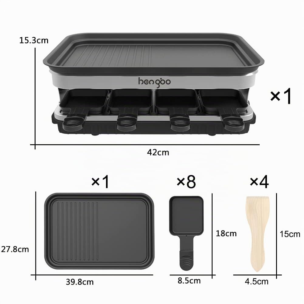 Raclette 8 Personas, Parrilla Electrica Barbacoa, Grill Electrico, 1500W | Con 8 mini-sartenes, plancha grill antiadherente, grill electrico de sobremesa y control de temperatura variable