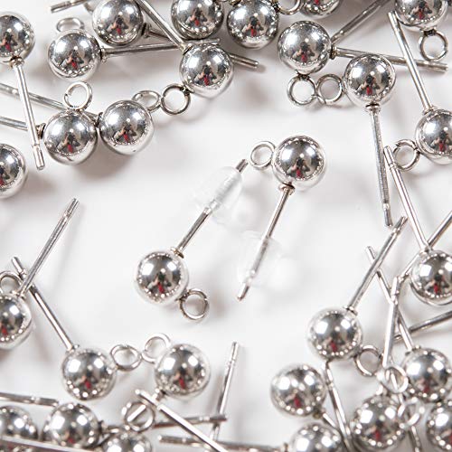 【サージカルステンレス 316L 】カン付き ボール ピアス シルバー 5mm ×シリコンキャッチ (カンの向き:縦) 20個 (10ペア) ステンレス パーツ 金属アレルギー対策 アクセサリー パーツ