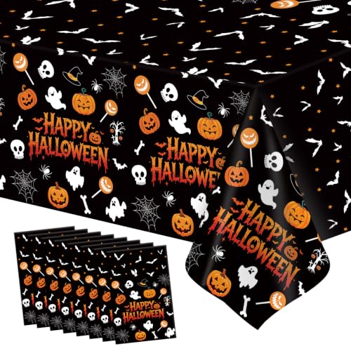 Image of Halloween Tablecloth Party Decorations - 8 PCS Happy Halloween Tablecloth Disposable, Plastic Black and Orange Pumpkin Ghost Table Cloth Cover Rectangle for Halloween Party Decor Supplies, 54 inch x 108 inch