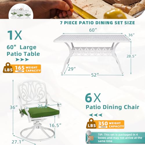 Image of MEETWARM 7-Piece Outdoor Patio Dining Set, All-Weather Cast Aluminum Patio Conversation Set for Backyard Garden Deck with 6 Cushioned Swivel Rocker Chairs, 1 Rectangular Table, 2 inch Umbrella Hole, White