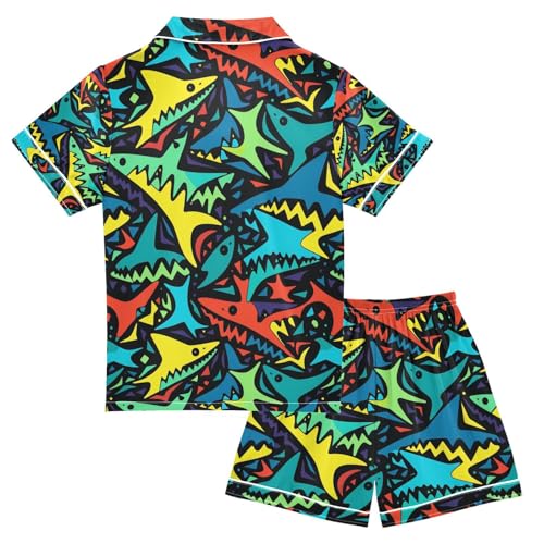 senya Cartoon Sharks Satin Summer Pajama Sets Silk Short Sleeve Button Down Sleepwear2