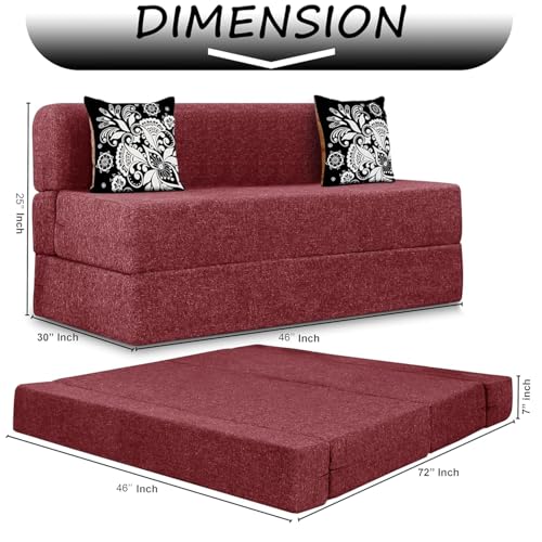 Image of Rosebell Two Seater Sofa Cum Bed | Jute Fabric Washable Cover | with Cushions Perfect for Guest | Red-Color | 4' X 6' Feet