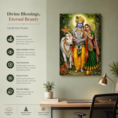 Image of Rangoli Radha Krishna Self Adhesive Poster 12x18 Inch | Hindu God Wall Sticker Poster with Cow & Calf for Home Temple Pooja Room Living Room Bedroom Decor | Spiritual Devotional Wall Art