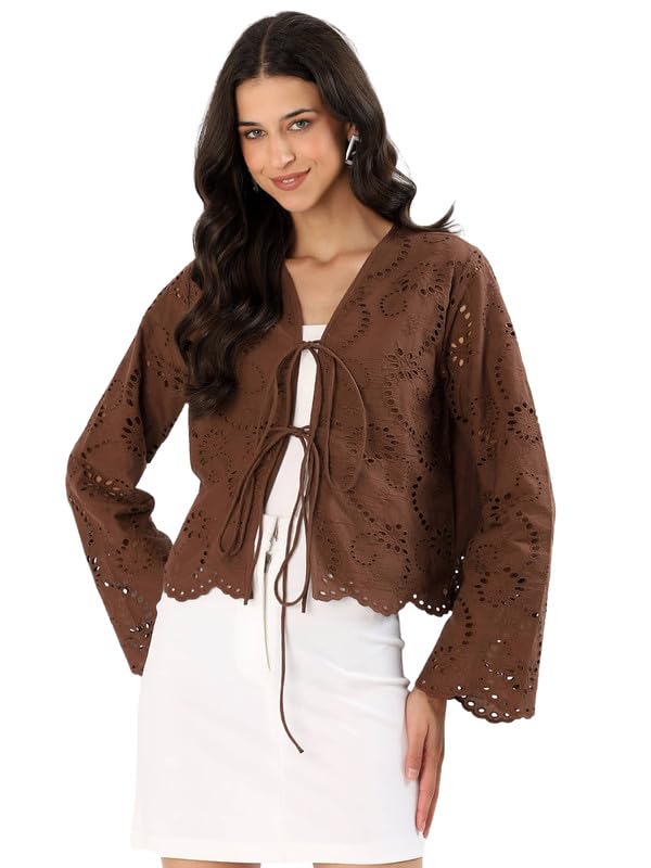 Women’s 100% Cotton Choco Embroidered Cutwork Jacket Top with Tie-Up Front | Lightweight Summer Layer with Full Sleeves – Brown