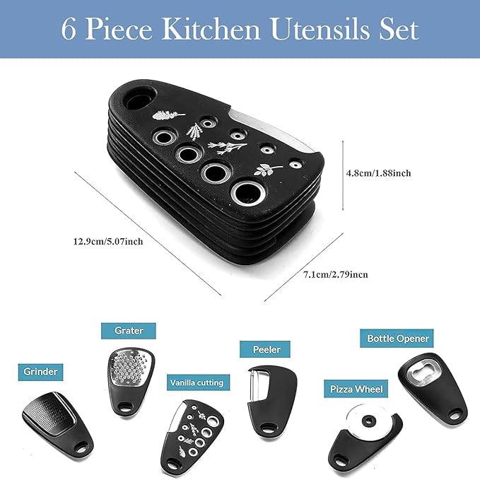 Image of Unique Kitchen Gadget, 6 Piece Set, Space Saving, Camper Must Haves,Kitchen Accessoeries, Cheese Grater, Bottle Opener, Fruit /Vegetable Peeler, Pizza Cutter, Garlic /Ginger Grinder (Black)