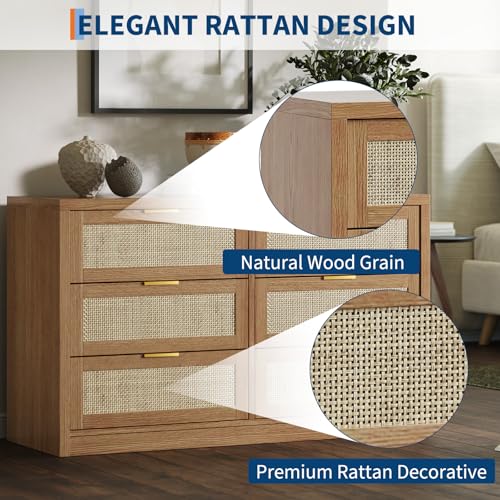 6 Drawer Dresser for Bedroom, 52.7" Wide Rattan Dresser, Wooden with Gold Handles, Farmhouse Tv Stand Entryway Table, Modern Chest of Drawers for Living Room, Entryway