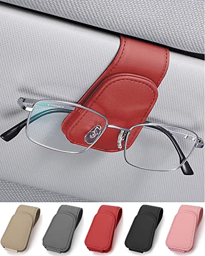 JEJA Porte Lunettes pour Voiture, Cuir Clip de Support de Lunettes de Visière de Voiture, pour Lunettes de Soleil Carte Ticket, Rouge