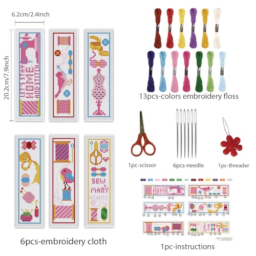 Image of INFUNLY 6PCS DIY Sewing Cross Stitch Bookmark Kits 8.66 inchx3.15 inch Sewing Tools Stamped Embroidery Bookmark Kits with Instruction Cotton Thread Needlepoint Bookmark Kit for Book Lovers Writers Gift