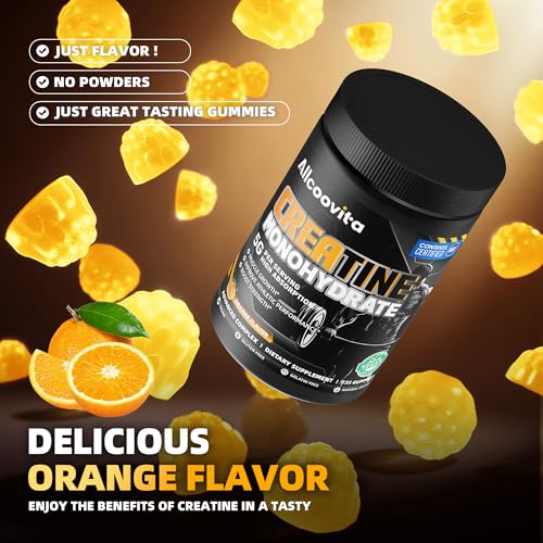 Image of Allcoovita Creatine Monohydrate Gummies for Men & Women. Boost Focus,Strength, and Endurance, Anti-Melting Formula, Vegan, Gluten-Free, Non-GMO,(Orange135 ct)