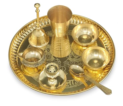 BENGALEN Brass Pooja thali Set 8 Inch with Pital Plate Glass Spoon Ghanti Bowl Agarbatti Stand Kuber Diya Puja Thali for Diwali Home Mandir Office Wedding Return Gift Items