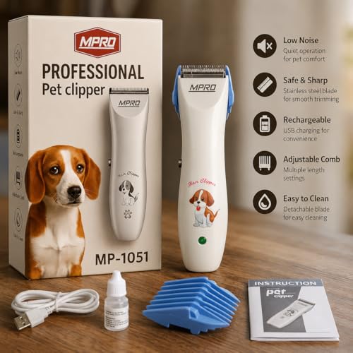 Image of Professional Pet Grooming Kit for Dogs & Cats - Low-Noise dog, pet & cat trimmer with Comb Attachments, Rechargeable pet hairtrimmer for Smooth, Safe Home Grooming