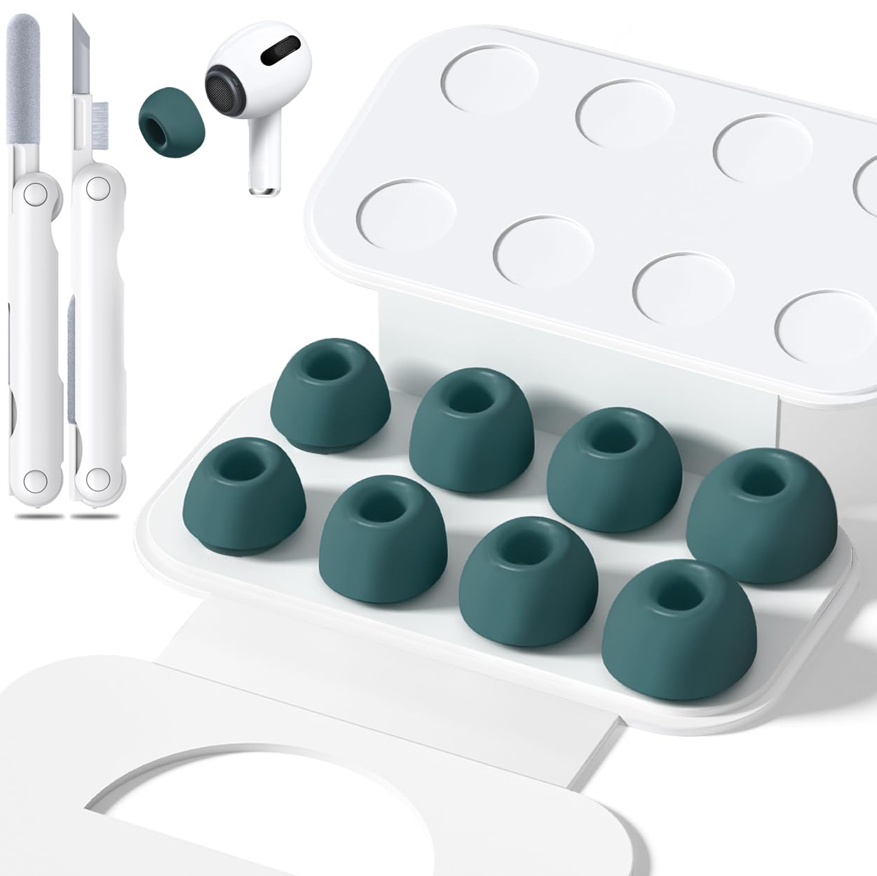 4 Pairs Replacement Ear Tips for Airpods Pro 1/2 with Hole for Noise Reduction, Silicone Earplugs for Airpods Pro with Cleaning Set & Portable Storage Box, 4 Sizes (XS/S/M/L) White — view 8