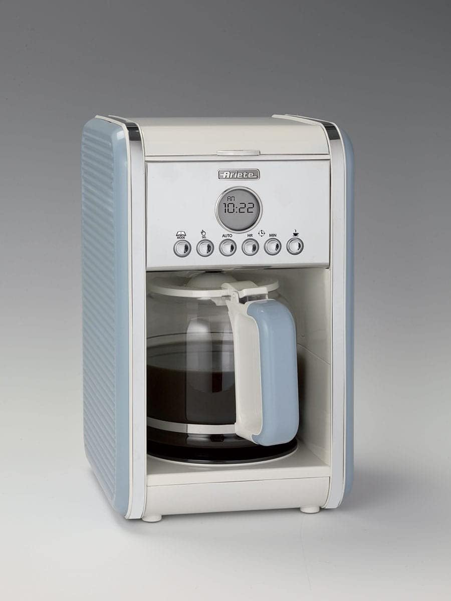 Ariete Macchina Caffè Americano Vintage 1342, Caraffa in Vetro Temperato, Fino a 12 Tazze, Timer Programmazione 24 Ore, Autospegnimento, Antigoccia, Piastra Riscaldata, Capacità 1.5 L, 2000W, Celeste