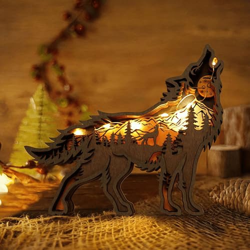 3D Wood Carving Animals Lamp Home Decorative, Cute Bear Family Elephant Presents Ideas Christmas Living Room Office Decor Warm LED Night Lights Gift for Friend Daughter Son Mom Dad (Wolf)