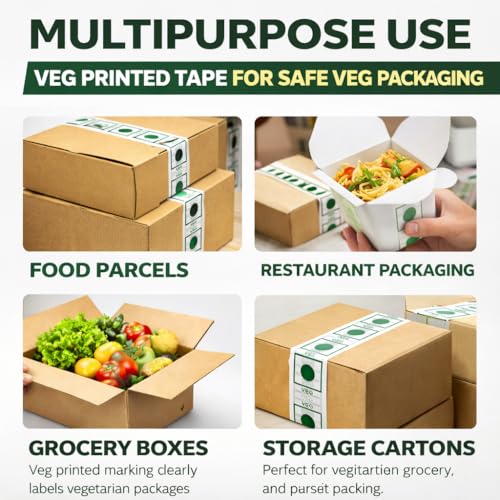 Image of Veg Tape Printed | 35 Meter in Length | Pack of 12 | 24 mm / 1 inch Width | Veg Printed Tape With Green Marking, Self Adhesive Tape for Packing Boxes