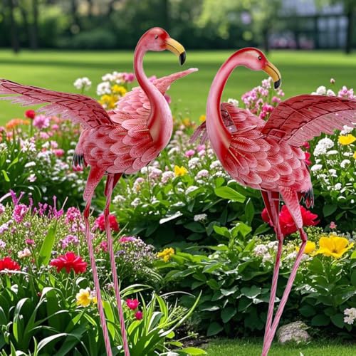 Natelf Pink Flamingo Yard Decorations, Tall Birds Garden Statues and Sculptures, Metal Lawn Art Ornaments for Outdoor Patio Backyard, Set of 2
