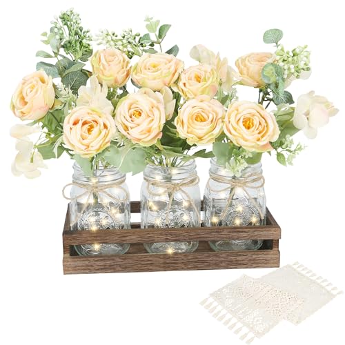 ELIMTEC Mason Jar Lights Table Centerpiece Decoration for Farmhouse Coffee, with Wood Tray, Jars, Flowers, Boho Table Runner, Led Light for Kitchen Dining Living Room Rustic Table Decor