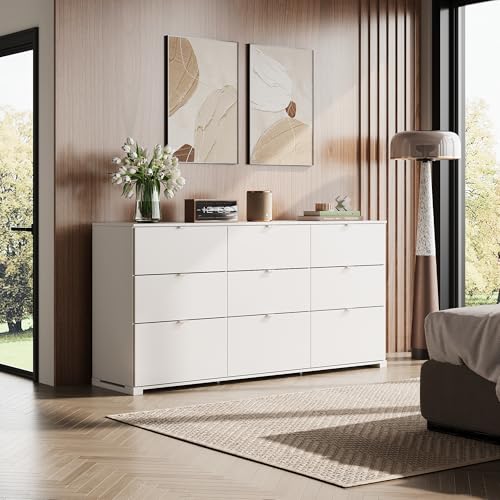 WLIVE 9 Drawer Dresser for Bedroom, 63" Wide White Drawers Large Wood Chest of Drawers Organize with Sturdy Metal Handle, Modern Dresser for TV Stand, Living Room Office, Hallway, Ball Bearing Slide