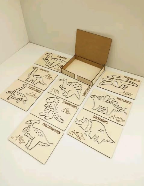 MeeCraft Montessori Dinosaurs Stencil Set with Box for Drawing and Artistic Expression, Wooden Toys for Preschoolers (9 Pieces, 21x15cm Each) 4