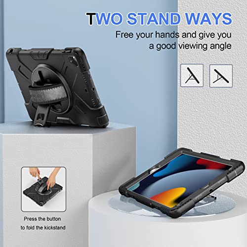 Case For Ipad 9Th Generation 2021: Supfives Upgraded Military Grade Protective Shockproof Silicone Cover With Kickstand- Handle- Shoulder Strap For Ipad 10.2 8Th/7Th Generation -Black #TOP1