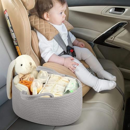 Image of Winnies Rope Diaper Caddy Organizer - Rope Design Tote Bag with 3 Dividers, Portable Baby Essentials Storage Basket with Carry Handles(Green)