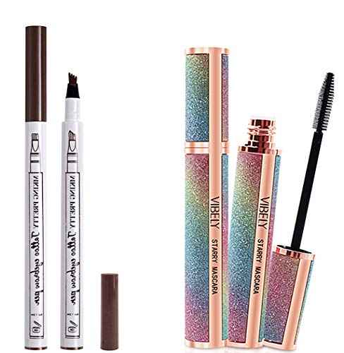 4D Fiber Eyelash Mascara -with eyebrow pencil Waterproof Long Lasting Extension Long Lash Mascara Natural Eye Makeup (Black/Brown)