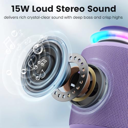 Image of Bluetooth Speaker Wireless,IP67 Waterproof & Dustproof Portable Speaker with Lights,15W Loud Stereo Sound, 2500mAh Battery All Day Playtime, TWS Pairing, BT5.3, Home /Party /Outdoor /Beach (Purple)
