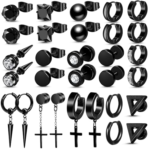ONESING 15 Pairs Black Earrings for Men, Stainless Steel Mens Earrings set with Studs Hoop Earring Cross Dangle Earrings Hypoallergenic Ear Piercing Jewelry for Men Women