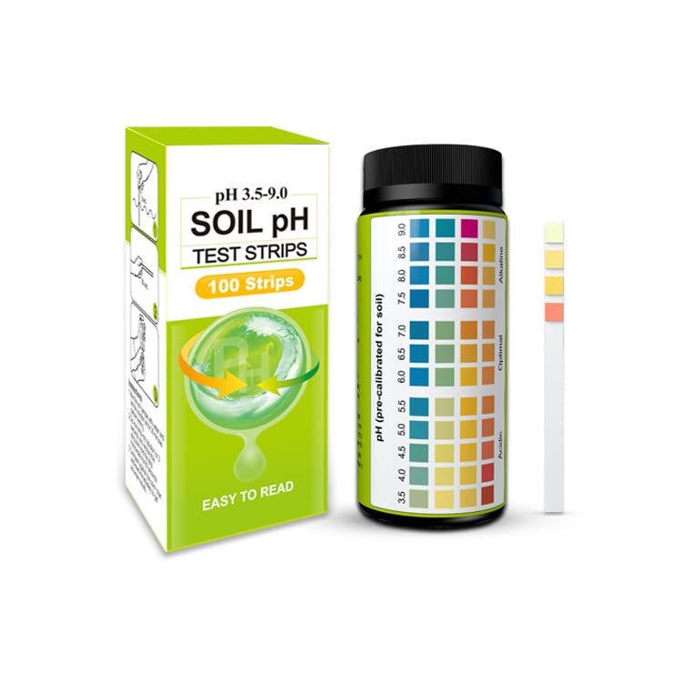 Kit di test per pH del terreno, 100 strisce tester (gamma 3,5-9), da utilizzare per giardino, casa, prato, fattoria, ortaggi, terriccio, compost, piante da esterno e da interno