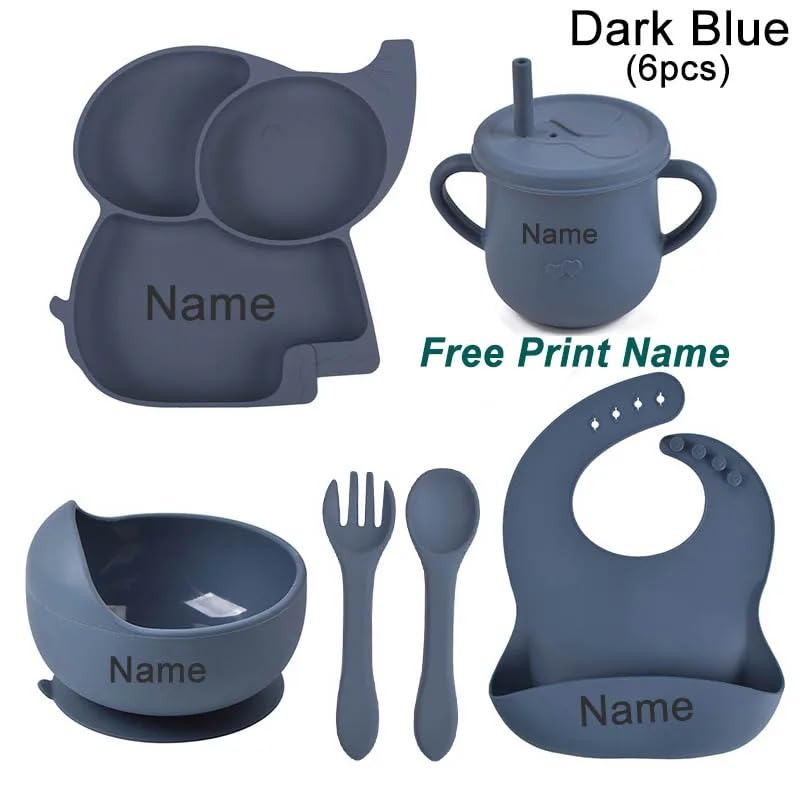 Personalized Baby Name Elephant Feeding Set 6Pcs, Custom Name Baby Silicone Weaning Set, Feeding Set With Name BPA Free