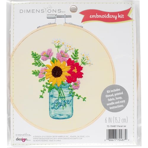 Image of Dimensions 72-70487 Floral Jar Embroidery Needlepoint Kit for Beginners, 6 inch Diameter Hoop, Multicolor, 5 Pieces