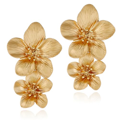 Large Gold Flower Earrings For Women Gold Double Flower Statement Earrings Elegant Boho Floral Earring For Women Trendy Boho Jewelry For Mother'S Day Wedding Birthday Christmas