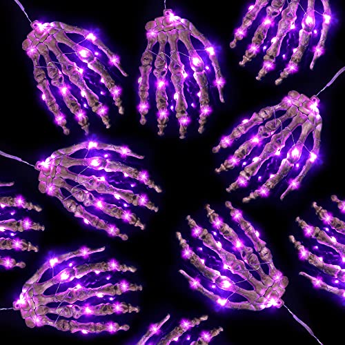 Halloween Skeleton Skull Hand Lights, 15 ft 60 LEDs 6 Pieces Life-Size Skeleton Led Hands Purple String Lights, Plastic Scary Halloween Party Props Decoration Indoor with Remote Timer USB Powered