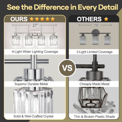 Image of Torondo Modern Crystal Bathroom Vanity Light 4-Lights Chrome Bathroom Light Fixtures Over Mirror Vanity Lighting Fixtures Gold Square Shade Wall Sconce (Bulbs Not Include)