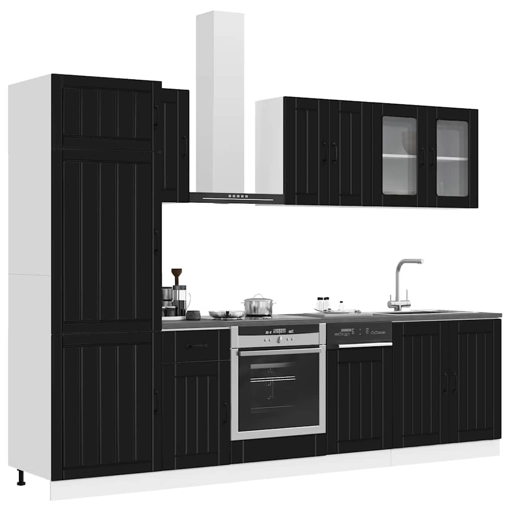 Set Mobili da Cucina 8 Pezzi Kalmar Nero in Legno | Soluzione modulare da cucina con pensili in vetro e piedini regolabili, ideale per ottimizzare ogni spazio.
