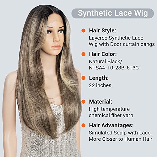 FASHION IDOL Wig for Women Synthetic Lace Frontal Wigs Door Curtain Bangs in the Split Lace Hair Stitching Layered Wig Highlights 28 Inch - Image 3