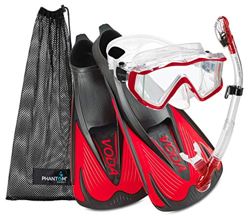 Phantom Aquatics Rapido Boutique Collection Full Foot Fins Bundled with Panoramic View Tempered Glass Lens Mask Fin Snorkel Set with Snorkeling Gear Travel Bag - RD - 44