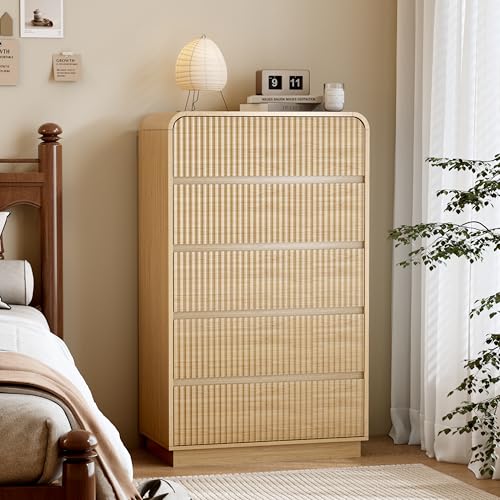 Image of Wodeer Natural Oak Dresser Fluted Tall 5 Drawer Dresser for Bedroom, Wood Chest of Drawers with Hidden Handles & Rounded Corners, Modern Storage Cabinet and Organizer Drawers for Living Room, Hallway