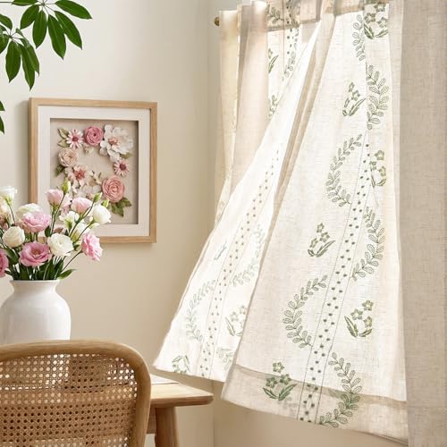 Image of jinchan Green Floral Linen Kitchen Tier Curtains 36 Inch, 2 Panels
